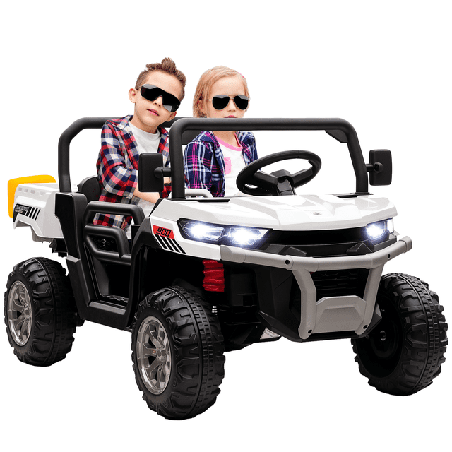 Aosom 2 Seater Ride on Car, 12V 7AH Ride on Dump Truck Kids UTV in white, featuring a two-seater design with LED headlights, a working horn, and a toy shovel. The vehicle includes an electronic lift bucket for storage, a suspension system for smooth rides, and offers manual or remote control steering. Suitable for children aged 3-6 years, with a weight capacity of 110 lbs and a speed range of 1.9-3.7 mph. The car is shown on a white background.