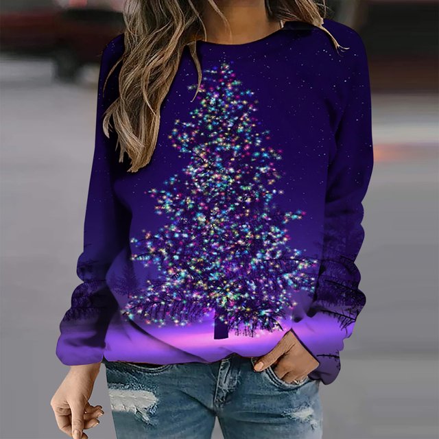 2023 Sweat-Shirt de Noël pour Femmes en Solde Mode Imprimé Manches Confortable Respirant Col Rond Sweat-Shirt