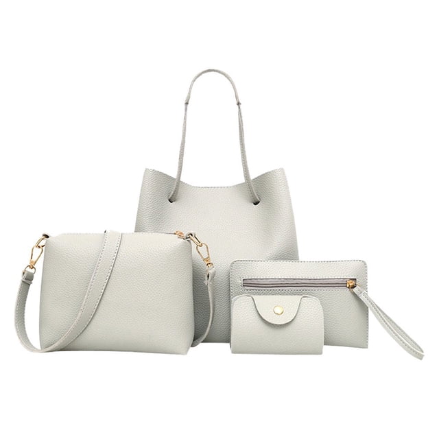 POINTERTECK 4Pcs Women Pattern Leather Handbag+Crossbody Bag+Messenger Bag+Card Package. This set includes a tote handbag, a crossbody bag with a detachable strap, a zippered messenger bag, and a compact cardholder. All items are crafted from textured leather in a light neutral tone, offering a simple and stylish appearance. Suitable for daily use, travel, or as a student’s school backpack.