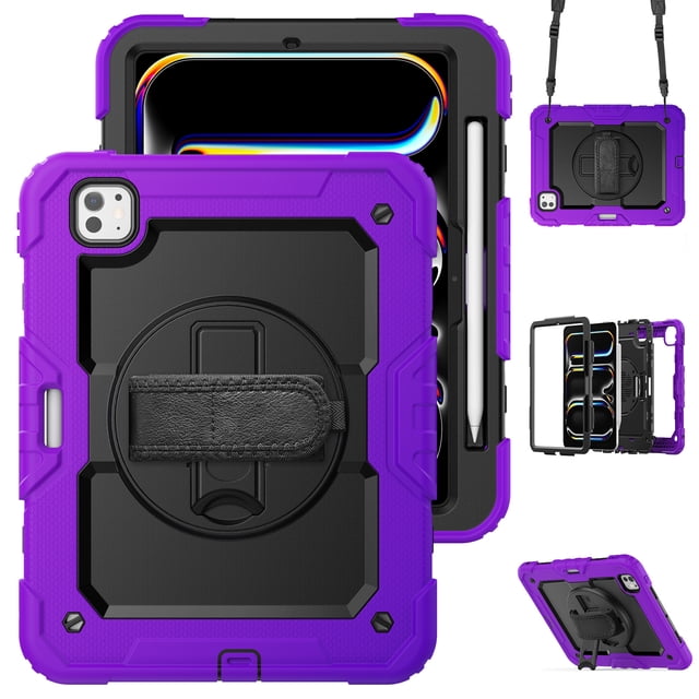 XYX For iPad Pro 11 inch Case 2024 (M4), 360 Rotating Shockproof Cover with Stand, Screen Protector, Shoulder Strap, Purple