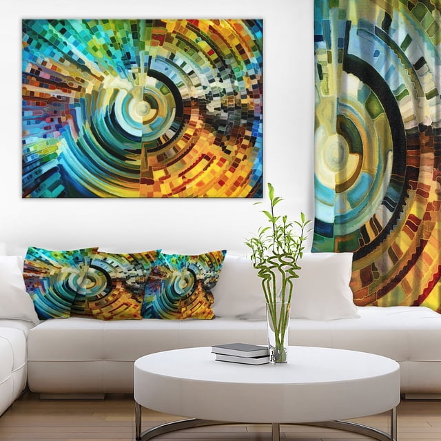 Design Sentiers d'Art d'Impression sur Toile de Vitrail Mettant en Vedette une Galerie Enveloppée d'Un Motif Mosaïque Circulaire Abstrait en Bleus, Verts, Jaunes et Bruns Vibrants, Affichée au-Dessus d'Un sofa Sectionnel Blanc avec des Coussins et un Rideau Assortis sur Toile, dans un Salon Moderne avec une table Basse Ronde Blanche et du Bambou dans un vase en Verre, Convient pour Rehausser la Déco de la Maison avec une Oeuvre Murale Vibrante.