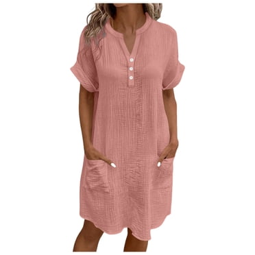 Robes Roses pour Femmes à Col en V avec Boutons pour Dames Manches Courtes Unies Midi Longueur Genou Automne Été 2025 Vêtements Mode Y2K S