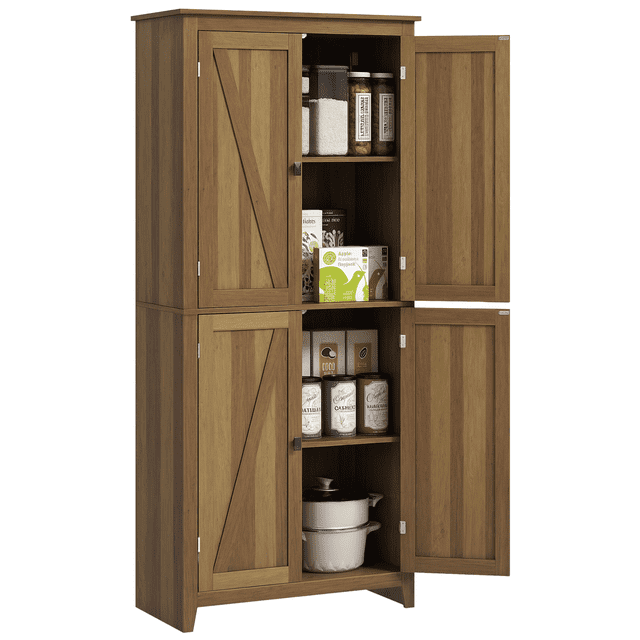 HOMCOM Garde-Manger Autoportant de Cuisine de 72 Pouces en Brun, avec des Portes de Style Grange au design Rustique. l'Armoire Comprend Quatre Portes Magnétiques avec Poignées en Métal pour un Accès Facile. à l'Intérieur, des Étagères Réglables à 4 Niveaux pour Ranger la Vaisselle, les Casseroles, les Poêles, les Produits Secs Ou les Électroménagers. la base Surélevée Permet un Nettoyage Facile en Dessous et Empêche les Dommages d'Être Déversés. Fait de MDF, le Garde-Manger Mesure 31,5 Pouces de Large, 15,7 Pouces de Profondeur et 71
