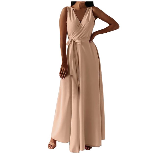 Cameland Mode Femmes Été Décontracté Uni Col en V Sans Manches Gilet Robe Longue