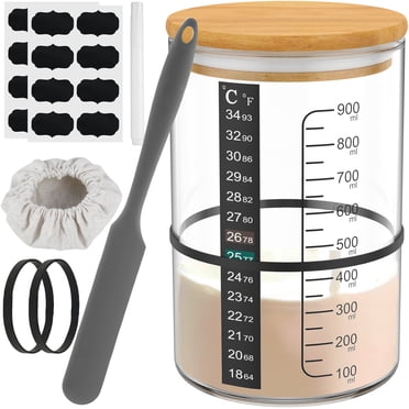 Wekvgz Ensemble de 10 Pots de Levain 900 ml Résistants à la Chaleur, Contenant de Levain avec Couvercle en Bois, Spatule, Réutilisable, Grand Ouverture, Pot de Fermentation en Verre pour la Cuisson du Levain