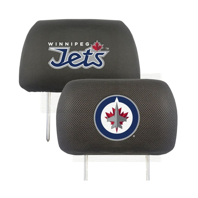 NHL Winnipeg Jets Head Rest Cover pair with black covers; one side shows the embroidered Winnipeg Jets logo on mesh fabric, the other side features the team name embroidered in blue and white on soft polyester, both with elastic bands for a snug universal fit and machine washable design.