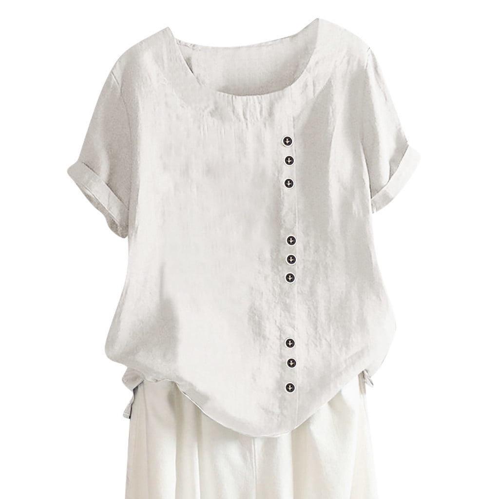 WEIYLL T-Shirt Women Plus Boho Button Loose Size Solid White Tee Sizes S