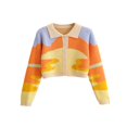 thumbnail image 2 of Cardigan Court à Boutons pour Femmes, Manches Longues, Tricot à Blocs de Couleur, Col à Revers, Tenue de Printemps et d'Automne, 2 of 6