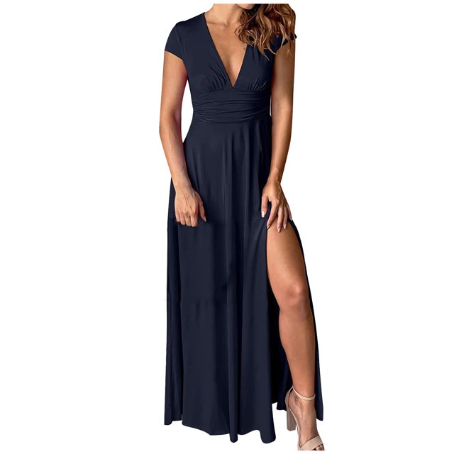 DPTALR Robe de Soirée pour Femmes à Manches Courtes, Col en V Profond, Jupe Longue, Couleur Unie, Fente Haute, pour Grandes Occasions