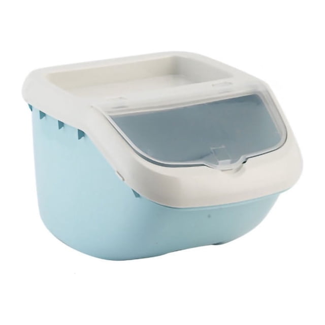 Contenant de Rangement pour Nourriture pour Animaux Contenant de Rangement pour Nourriture pour Chien Contenant de Nourriture Contenant de Rangement pour Nourriture Baril de Rangement pour grains Polyvalent Grande Capacité Contenant de Rangement pour Nourriture pour Animaux pour le Riz. un Contenant de Rangement pour Nourriture en Plastique Bleu Pâle avec Couvercle Rabattable Blanc et Corps transparent pour une Visibilité Facile. Comprend un Joint Hermétique pour Maintenir la Fraîcheur, Idéal pour Ranger la Nourriture pour Animaux, le Riz, la Farine et les grains. Souvent Appelé Contenant Hermétique de Rangement pour Aliments avec Couvercle Rabattable.