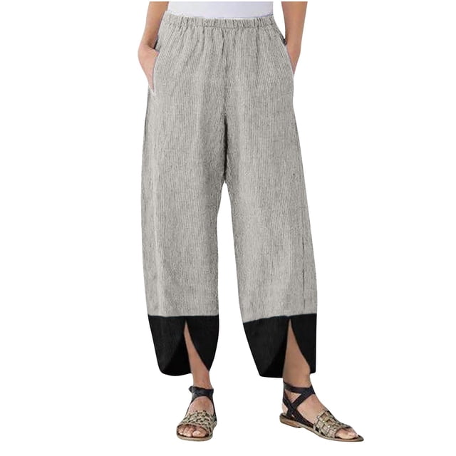 Chbgutlmr Womens Pants Plus Size Elastic Waist Straight Leg Loose Slit Color Block Casual Trousers Fall