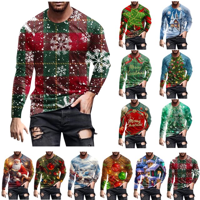 UVEASISHA Aubaines de Liquidation T-Shirts de Noël pour Hommes Grande Taille Manches Longues T-Shirts Graphiques T-Shirts Nouveauté Imprimé de Noël Col Rond T-Shirts Mode des Fêtes Hipster T-Shirt Vert Menthe 5TG