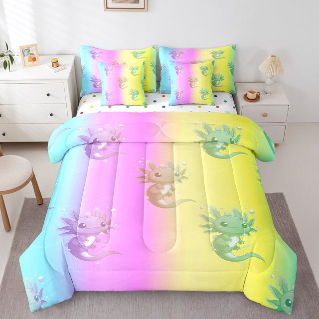 Erosebridal Ensemble de Literie Coloré Axolotl Format Simple, Ensemble de Lit Arc-en-Ciel Kawaii, Déco Maison Faune, Réversible 7 Pcs