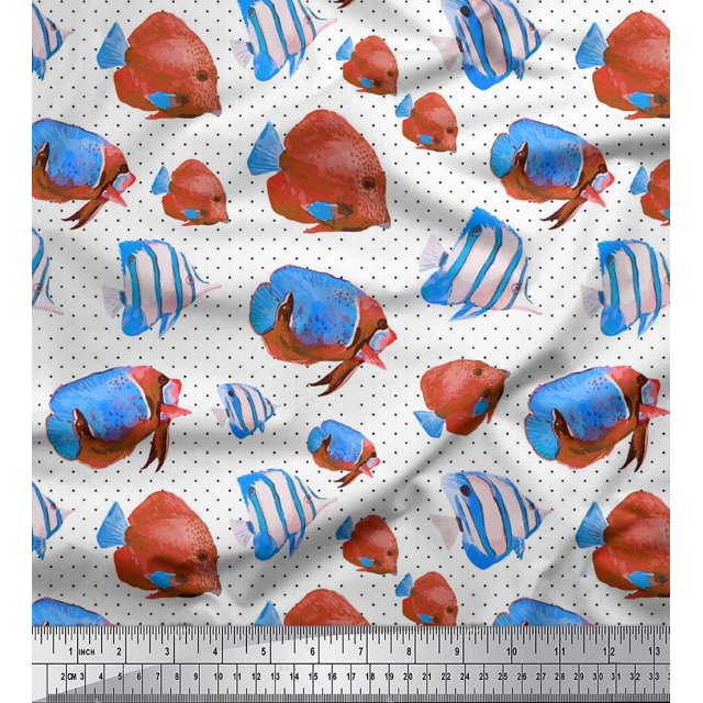 Soimoi Rayon Fabric Dot & Fish Ocean Decor Fabric Printed Yard 42 Inch Wide