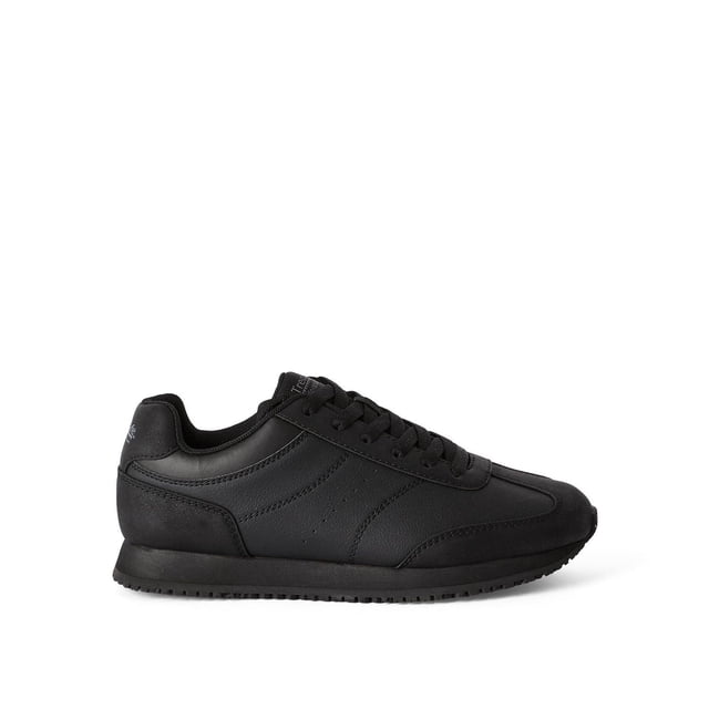 Tred Safe Women’s Slip Resistant Shoes in black synthetic and faux leather with lace-up closure, wide width, round toe, and rubber non-marking outsole, shown in side profile on white background, ideal for work and outdoor activities.