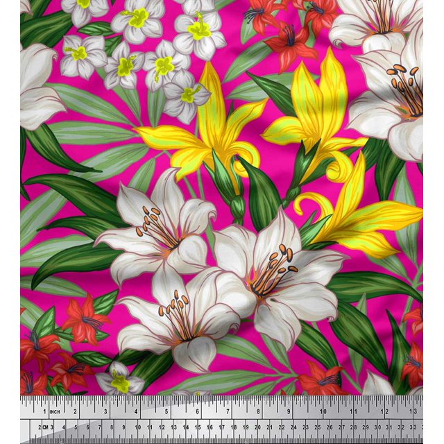 Soimoi Pink Poly Georgette Fabric Leaves & Lily Floral Print Sewing Fabric Yard 52 Inch Wide