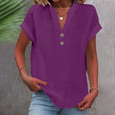Meichang Linen Shirts for Women Cotton Button Up Shirt Short Sleeve Roll Up Loose Fit V-Neck Summer Casual Work Blouse Tops Solid Basic T Shirts Purple M