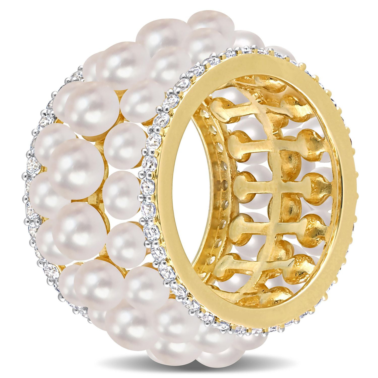 Bague d'éternité à trois rangées de Miabella avec perles culture d'eau douce et 1-3/5 carat PBT de Saphir blanc synthétique en argent sterling plaqué jaune