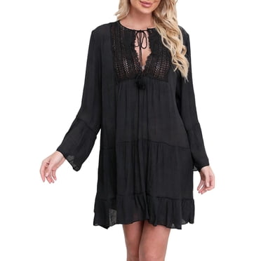 ShomPort Cover Robe de Plage pour Femmes à Manches Longues Bohème Ample Fine Transparente Bikini Maillot de Bain Ups