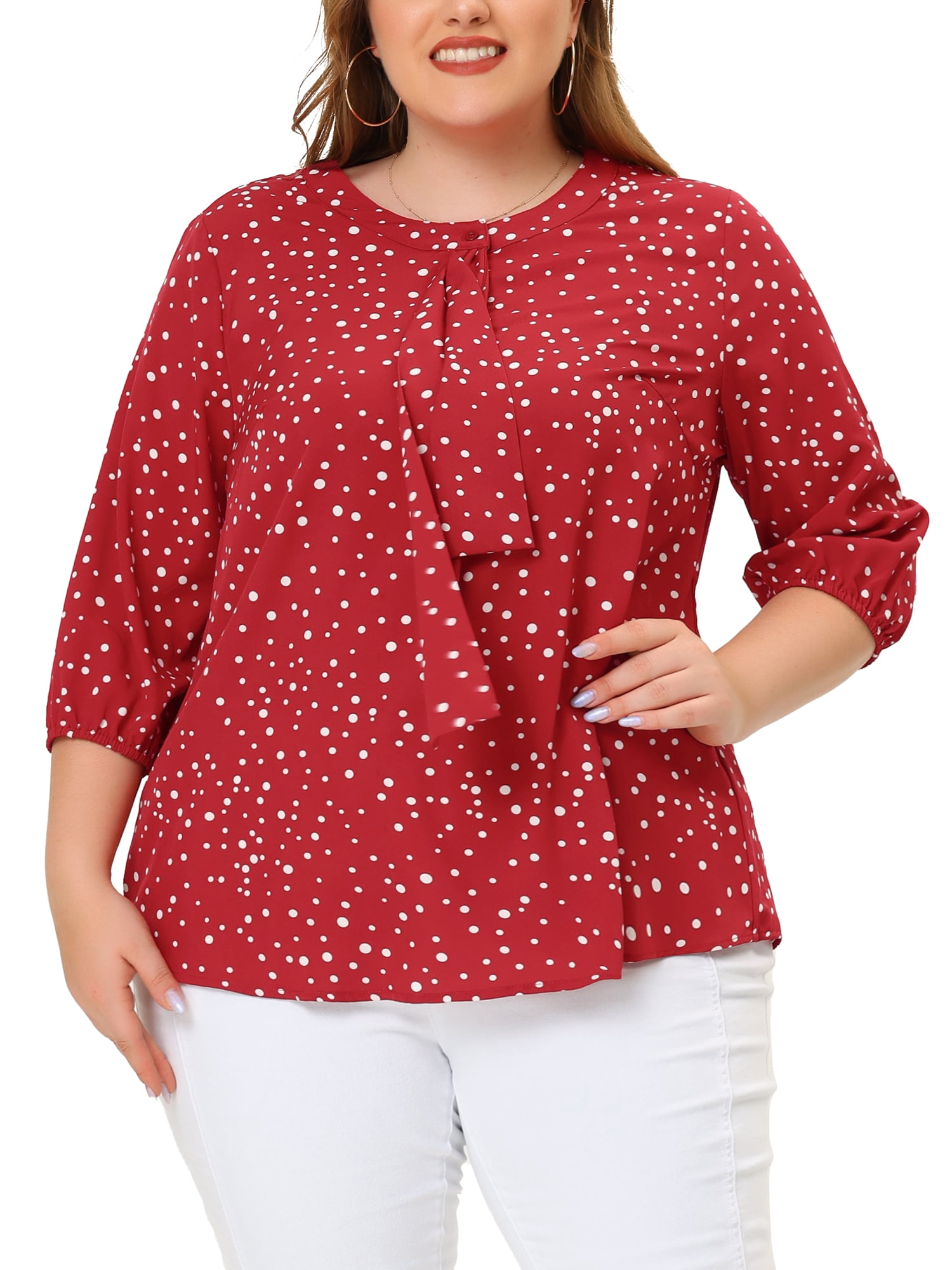 Agnes Orinda Women's Plus Size Work Round Neck Tie Neck Ruffled Office Chiffon Blouse 3X Red White