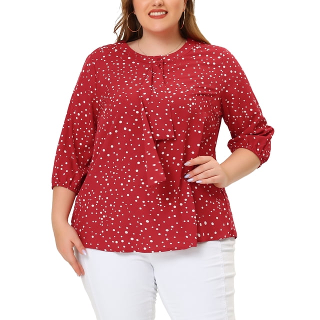 Agnes Orinda Women's Plus Size St. Patrick's Day Tops Work Round Neck Ruffle Chiffon Blouse Office Top 4X in red with white polka dots. This lightweight chiffon blouse features a round neck, 3/4 sleeves, and ruffle details, offering a chic and comfortable fit. Ideal for work, casual outings, or festive occasions, styled with white pants.