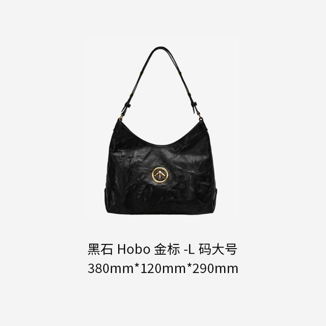 GROTTO Hobo bag gender-neutral pleated flat replacement armpit shoulder crossbody soft. This black shoulder bag features a soft, pleated design with a gold circular emblem on the front. It includes a single adjustable strap for versatile use as a shoulder or crossbody bag. Dimensions are approximately 380mm x 120mm x 290mm.