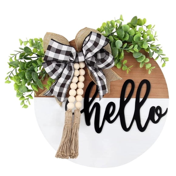 IKOMMI Front Door Welcome Sign, Round Hello Wood Sign Hanging Welcome Sign Farmhouse Porch Spring Wreath Welcome Sign Front Door Decor(White)