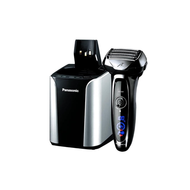 Panasonic ESLV95 Arc5 Rasoir avec Station de Recharge Affichant un Rasoir Électrique à Grille Noire et Argentée avec Affichage DEL Numérique et Utilisation Humide/sèche, Assorti à une Station Compacte de Recharge et de Nettoyage avec Boutons clean, dry et select