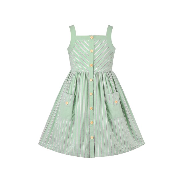 Girl Dress Green Striped Button Pockets Everyday Sundress 6 Years