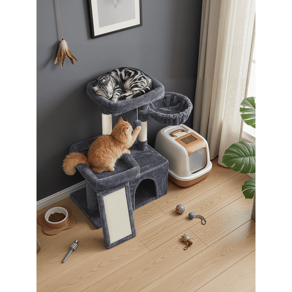LEDREM 33.8-Inch Cat Tree Tower with Scratching Posts, 2 Perches, Cave & Basket, Multi-Level Cat Condo for Indoor Cats, Dark Grey