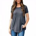 thumbnail image 4 of Femmes T-shirt Couleur Unie Bouton Femmes Col Rond Haut Col Rond Manches Courtes Chemisier, Gris, XL, 4 of 5