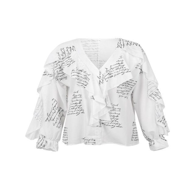AMERTEER Summer Women Button-down Ruffle Shirt V-neck Long Sleeve Blouse