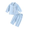 thumbnail image 2 of KYAIGUO Toddler Baby Boys Cotton Linen Button down Shirt Pants Set 2PCS Long Sleeve Solid Color Tops Drawstring Pants Set for 6M-4T, 2 of 9