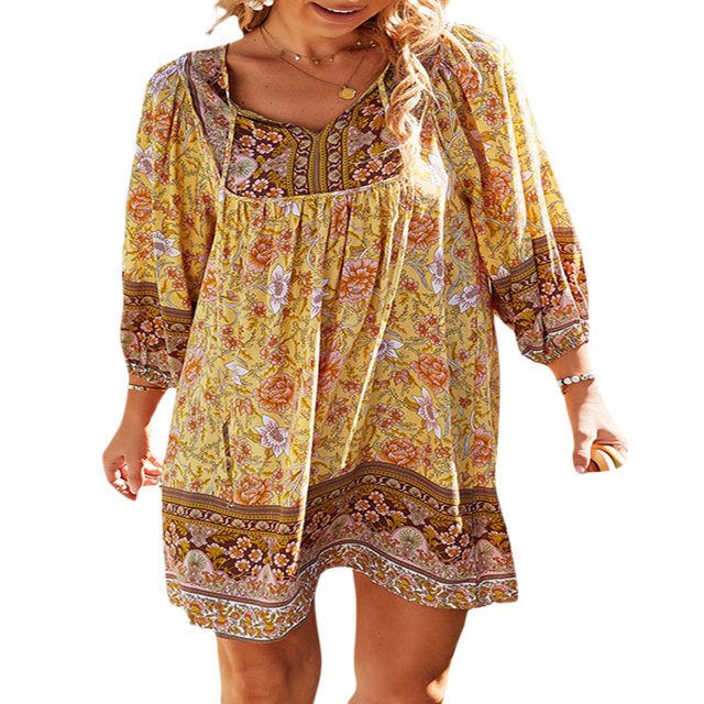 Robe d'Été Courte de Plage pour Femmes Manches Longues Col en V Boho Vintage Robe Florale