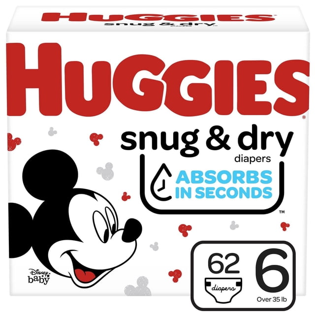 Huggies Snug & Dry Couches Giga Pack Taille 6 pour Bébés de Plus de 35 lb, avec 62 Couches Dotées du design Disney Mickey Mouse et de la Technologie d'Absorption Rapide Qui Retiennent l'Humidité pour jusqu'à 12 Heures de protection contre les Fuites.