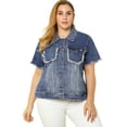 thumbnail image 3 of GRACE & GRANDEUR Women's Plus Size Short Sleeve Denim Jacket with Pockets, 3 of 6
