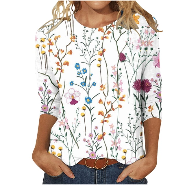 Pompotops T-shirt Ample Imprimé pour Femme, Blouse Mi-Longue à Manches 3/4, Col Rond, Hauts Décontractés, Liquidation