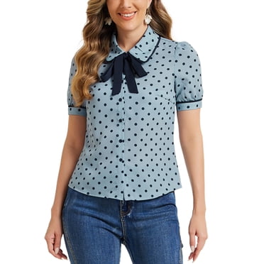 INSPIRE CHIC Women's Polka Dots Blouse Peter Pan Collar Bow Tie Neck Puff Sleeve Vintage Shirt Top XL Light Blue