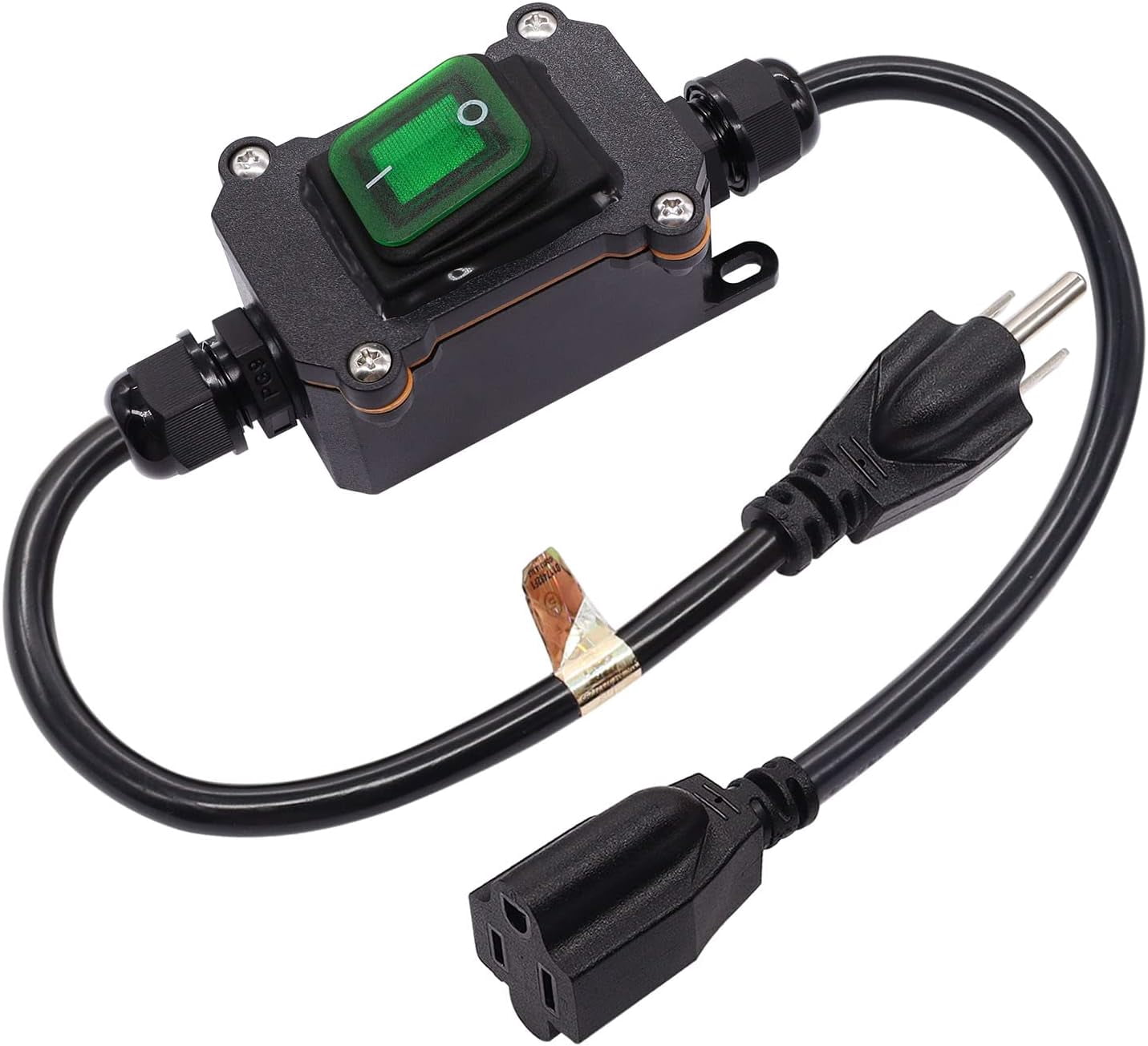 GFDYREE Extension Cord with Inline Switch On/Off IP67 Waterproof 20A 250V 16AWG 2FT 3Pin Outlets Plugs Power Cord Green Led Rocker Switch for Outdoor Christmas Lights Holiday Lights