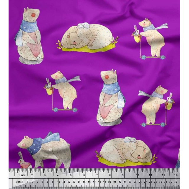 Soimoi Satin Silk Fabric Cycle,Rabbit & Bear Kids Printed Fabric 1 Yard 42 Inch Wide
