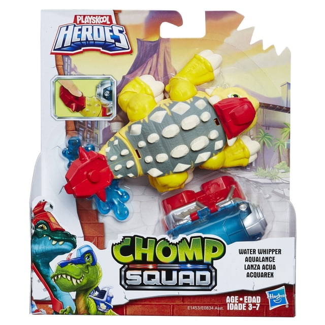 Playskool Heroes Figurine Articulée « Chomp Squad » Fouetteur d'Eau en Emballage, Mettant en Vedette un Dinosaure Jaune et Gris avec des Pointes Blanches et un Lance-projectile d'Eau à Queue Rouge, avec Équipement Rouge Amovible et Projectile d'Eau Bleu, Idéale pour les Enfants de 3 à 7 Ans pour des Jeux d'Eau Imaginatifs.