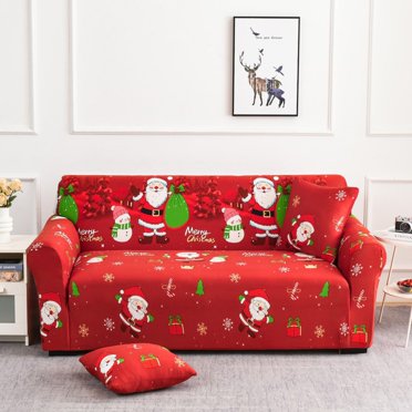 Czzoypi Christmas Sofa Cover Santa Claus Printed Sofa Couch Cover Washable Furniture Protector with Elastic Bottom Xmas Home Room Festival Decoration