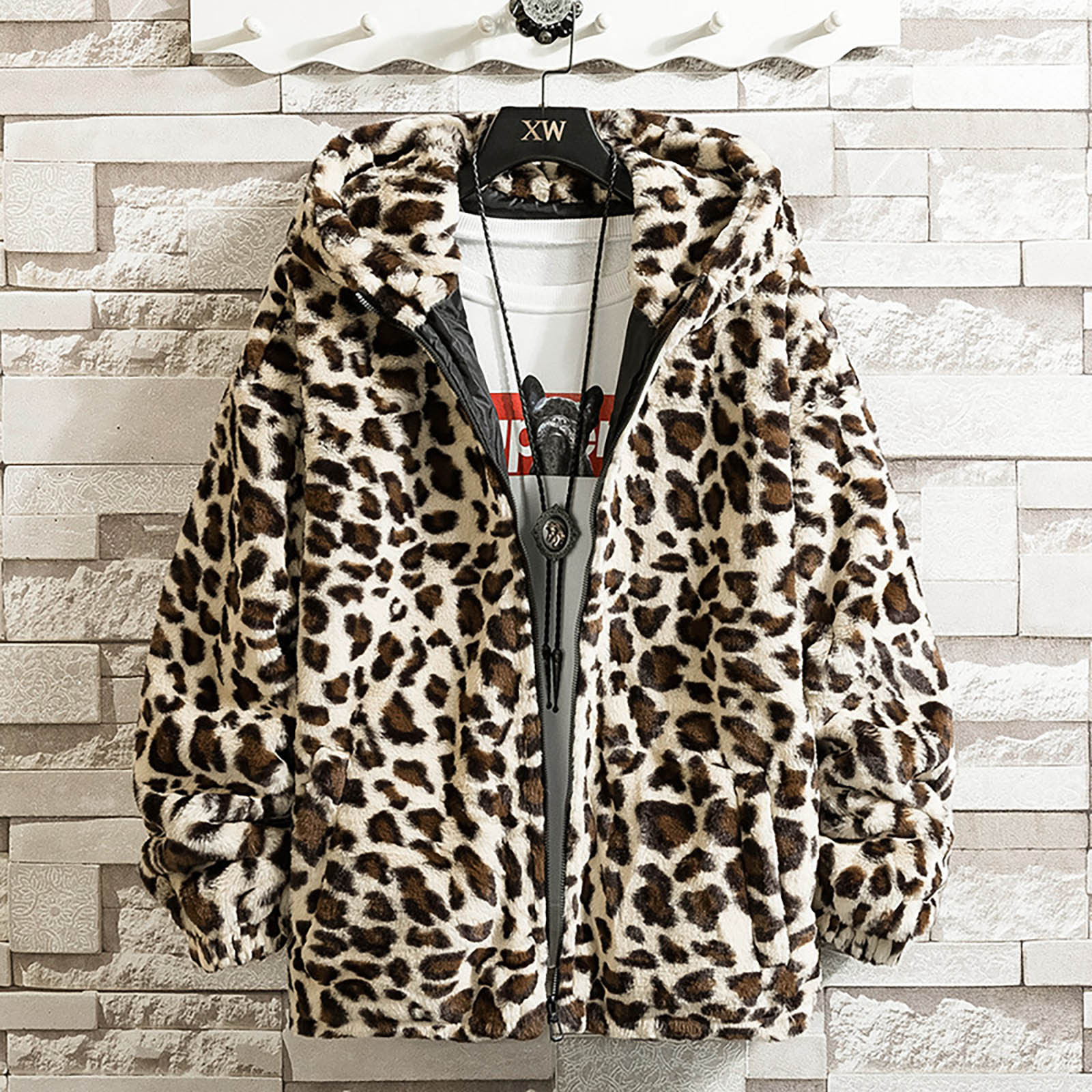 ジャケット・アウター FUGA Leopard Fur Velour Hoodie Amazon.com