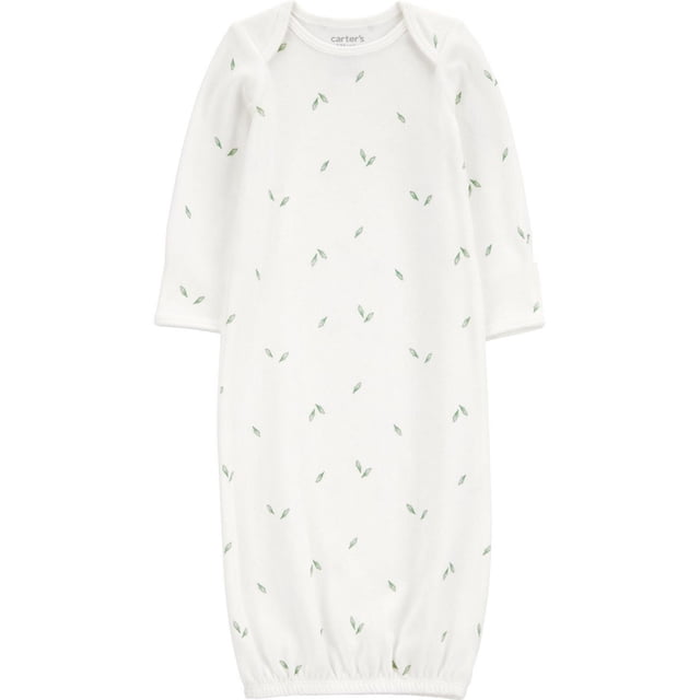 Carter's Child of Mine Robe pour Bébé White Leaves Est une Robe de Nuit Blanche pour Nourrisson avec Manches Longues et Imprimé de Feuilles Vertes Dispersées sur Tissu jersey Peluche. Elle Présente une Coupe Extensible avec Poignets Élastiques et Bas pour un Habillage Facile, Format pour Nouveau-Nés 0-3 Mois et Certifiée OEKO-TEX pour la Sécurité.