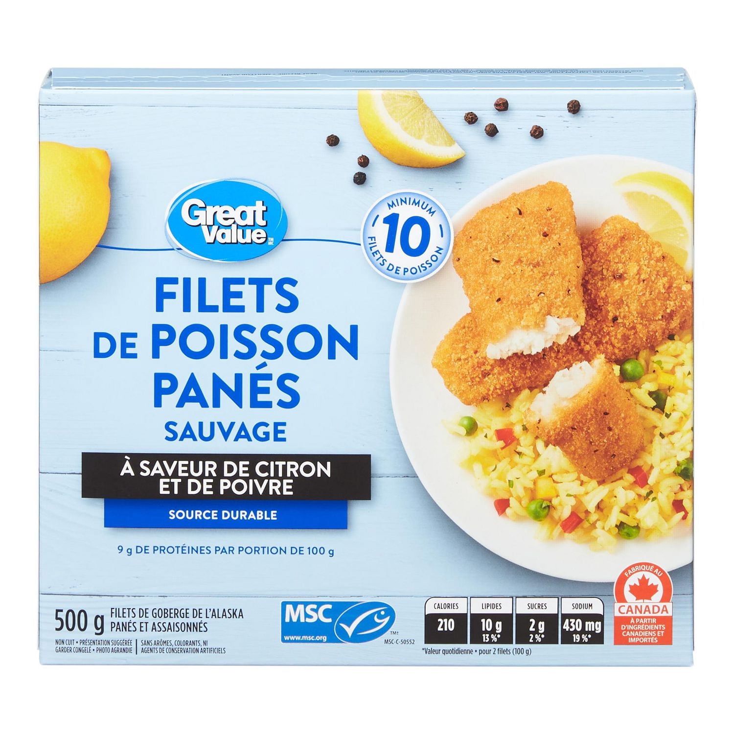 Great Value Lemon Pepper Flavoured Breaded Fish Fillets, 500 g ( minimum 10 battered fillets)