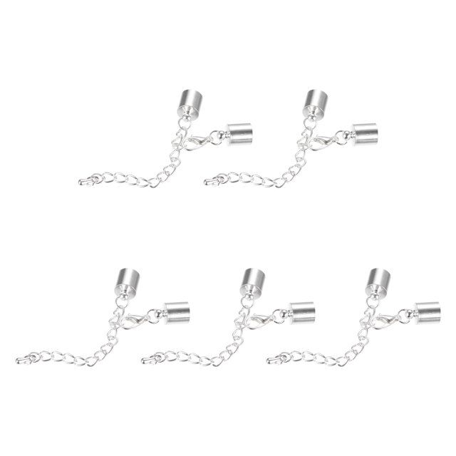Unique Bargains 10 Ensembles Embouts de Cordon en Cuir 8 mm avec Fermoirs Mousqueton et Chaîne Rallonge pour Bricolage, Ton Rhodium