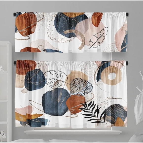 Rideaux de Cuisine Boho Mi-Siècle Courts et Cantonnière Ensemble Abstrait Bleu Marine Chic Moderne Feuilles Géométriques Plante Salle à Manger Tissu Rideau Draperies Café Rideaux Cantonnière pour Déco Maison