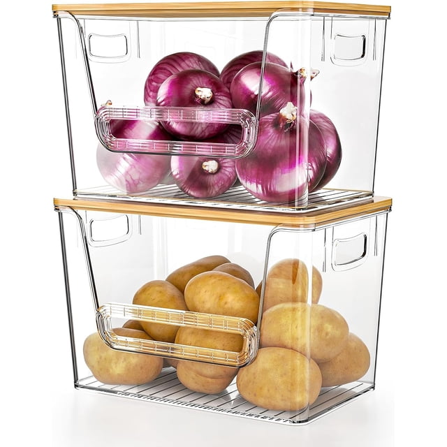 2 Pack Potato Storage Bin,DELAMU Clear Stackable Pantry Organizer with Bamboo Lid