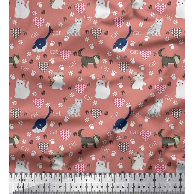 Soimoi Poly Georgette Fabric Heart,Footprint & Cat Animal Decor Fabric Printed Yard 52 Inch Wide