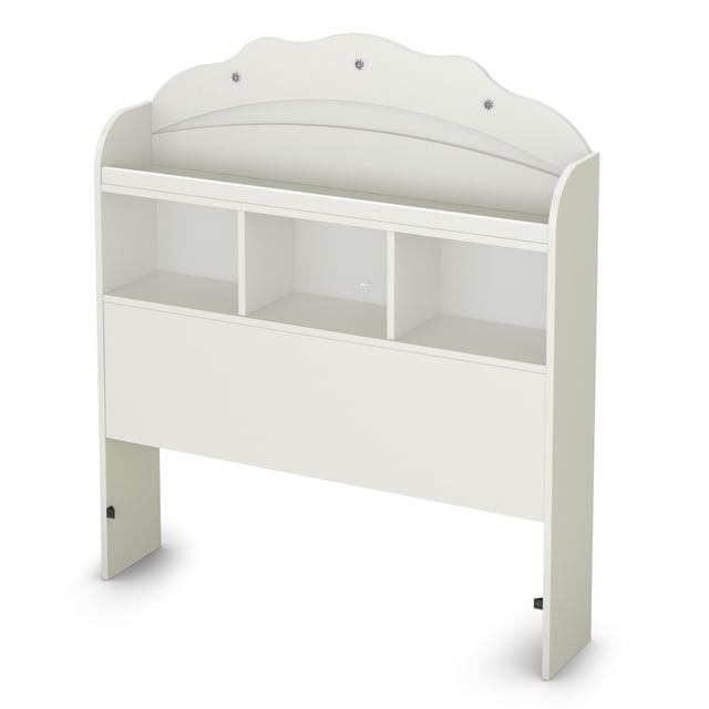 South Shore Tiara Twin Bookcase Headboard with Storage in pure white, featuring a curved top with three jewel-like metal inserts, three open cubby shelves, a large shelf, and a cable management hole, suitable for storing bedroom essentials and organizing devices.